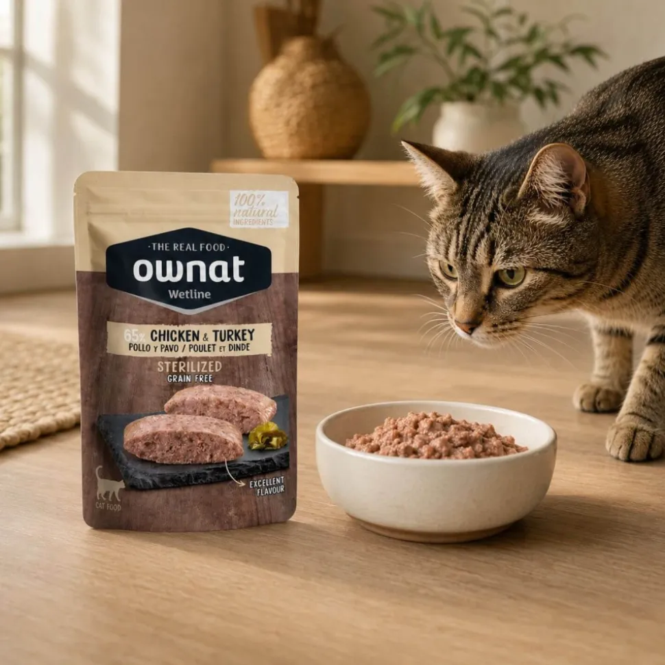 Comida para gatos de pavo y pollo sin cereales, wetline, 85 g - Ownat