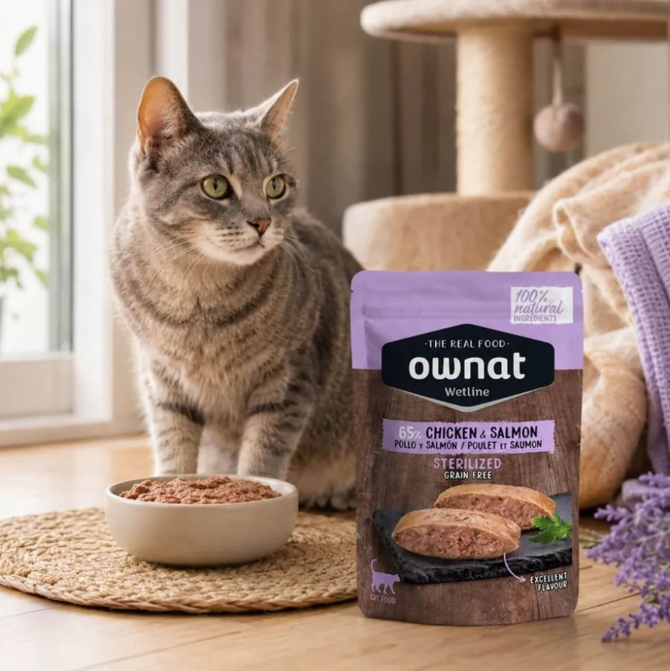 Comida para gatos de pollo y salmón sin cereales, wetline, 85 g - Ownat
