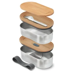 Fiambrera hermética de acero inoxidable ovalada con dos pisos y tenedor, 1000 ml - Black & Blum