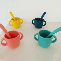 Juego de 2 vasos para bebés de silicona, coral y amarillo - Ekobo