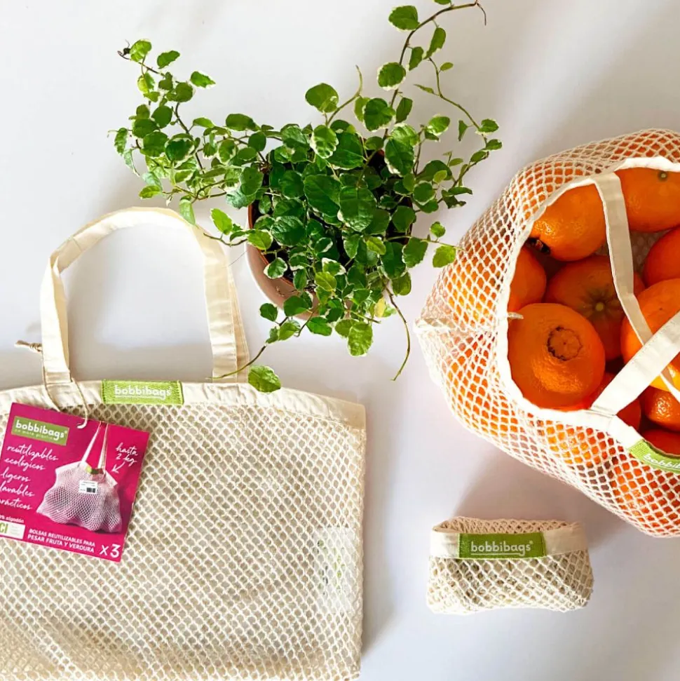 Pack 3 bolsas reutilizables de malla de algodón orgánico - Bobbibags