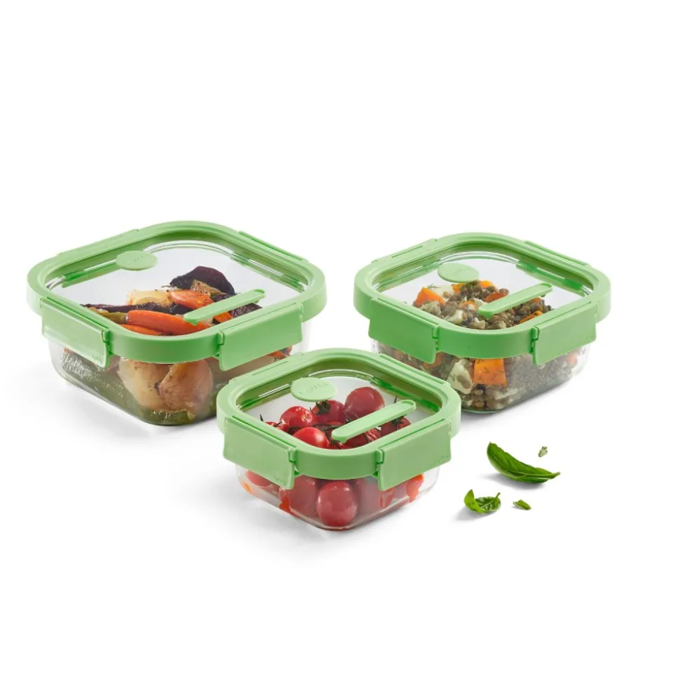 Set de 3 fiambreras de cristal herméticas, cuadradas, con tapa con válvula - Lekue