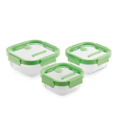 Set de 3 fiambreras de cristal herméticas, cuadradas, con tapa con válvula - Lekue