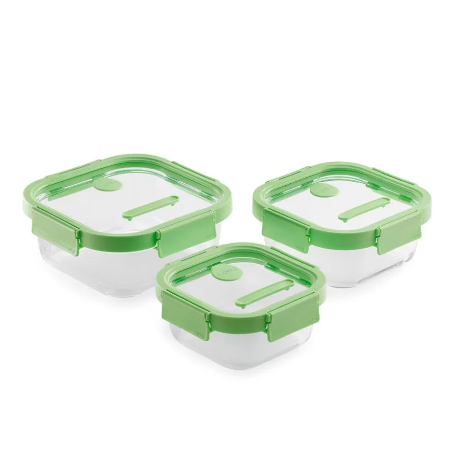 Set de 3 fiambreras de cristal herméticas, cuadradas, con tapa con válvula - Lekue