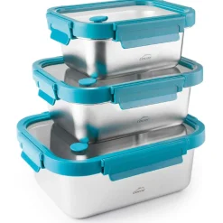 Set de 3 fiambreras herméticas rectangulares de acero inoxidable Etern con tapa de cristal - Lacor