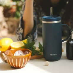 Taza térmica acero inoxidable con pajita, 600 ml, azul - Qwetch